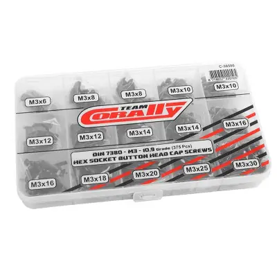 Inbus hatlapfejű csavarok - készlet/doboz - M3 - fekete acél, 375 db. Prémium